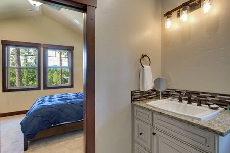 New luxury bathrooms with rich color wooden doors, natural beige countertops, white cabinets and sinks. Bright clean grey walls and floor.の写真素材