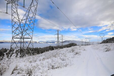 HIgh voltage power line during winter in America near Seattle.の写真素材