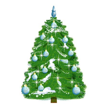 realistic snow-covered Christmas tree decorated with blue balloons isolated on whiteのイラスト素材