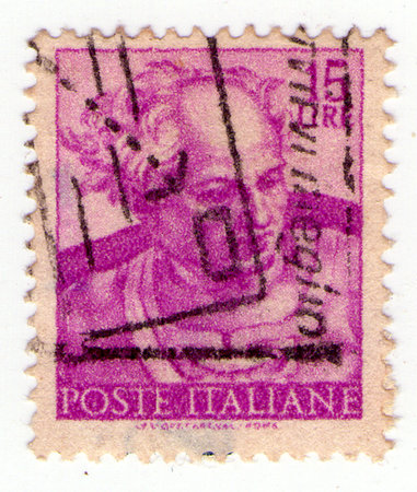 ITALY - CIRCA 1968: stamp printed in Italy shows a fragment of a fresco Michelandgelo circa 1969のeditorial素材