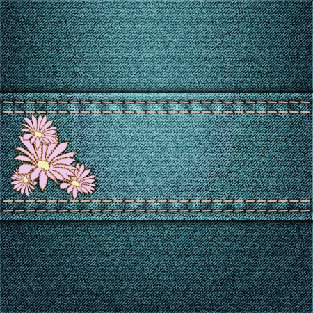 vector jeans background with floral appliqueのイラスト素材