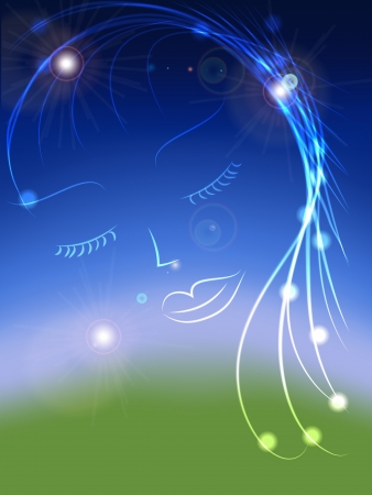 Abstract background. Glowing woman's face in the sky. Vector illustration.のイラスト素材