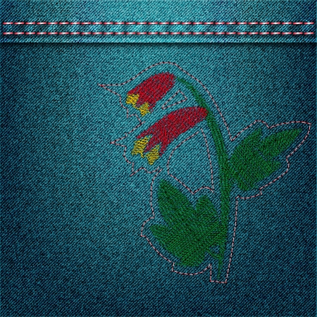 Denim background with floral embroidery. Vector illustrationのイラスト素材