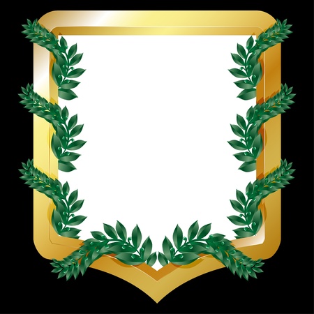 Golden emblem with laurel branches, isolated on black   illustrationのイラスト素材