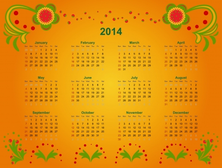 The calendar grid in 2014 with elements of Art khokhloma illustrationのイラスト素材