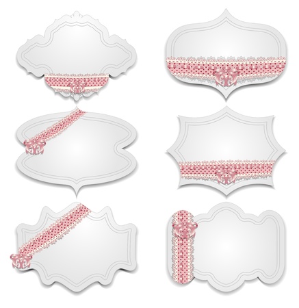 A collection of holiday greeting cards with pink lace ribbons and bow  Vector illustration のイラスト素材