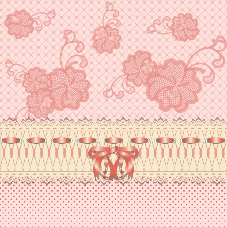 Lace greeting card with pink flowers, ribbon and bow  Can be used to design wedding invitations  Vector illustration のイラスト素材