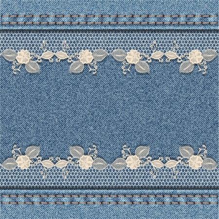 Denim background with white floral lace  Vector illustrationのイラスト素材