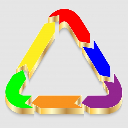 Three-dimensional arrows going after each other to design a presentation or project. Six multi-colored signs. のイラスト素材