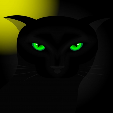 Background for Halloween. Black cat with green eyes at night under the moon. Vector illustration.のイラスト素材