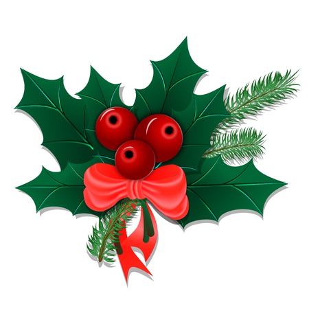 Christmas bouquet with holly leaves and berries with a bow isolated on white. Vector illustration.のイラスト素材