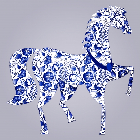 Blue stylized horse Gzhel. Russian blue floral traditional pattern. Vector illustrationのイラスト素材