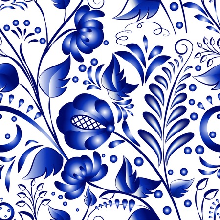 Seamless russian gzhel patterns on a white background. Vector illustration Blue floral pattern in gzhel style.のイラスト素材