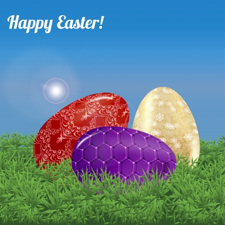 Easter background landscape. Three decorated Easter eggs in the green grass under the blue sky. Vector illustration.のイラスト素材