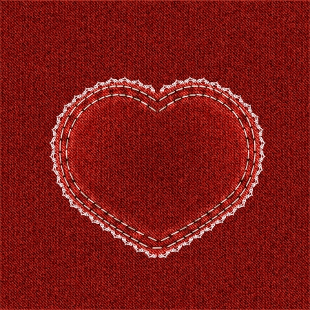 Valentine background  Red denim heart with lace on jeans background  Vector illustration のイラスト素材