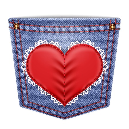 Rear blue denim pocket with sewn lace heart. Vector illustration.のイラスト素材