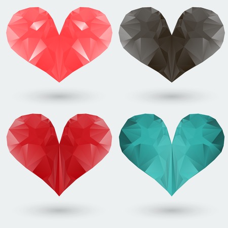 Set of polygonal colored hearts on a gray background. Vector illustrationのイラスト素材