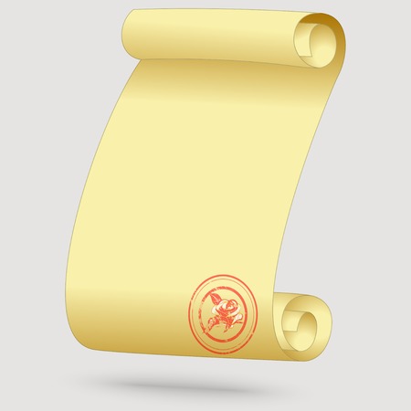 Greeting card in the form of a scroll with a seal with a painted flower. Vector illustration.のイラスト素材