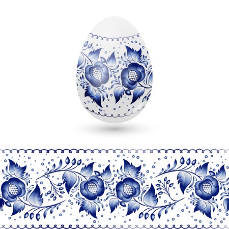 Blue Easter egg stylized Gzhel. Russian blue floral traditional pattern. のイラスト素材