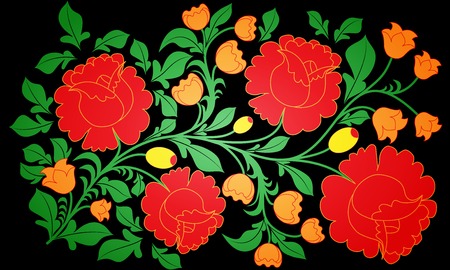 Bright large roses and other flowers painted on a black background. のイラスト素材