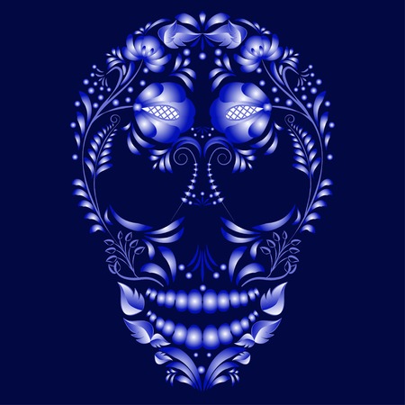 Skull decorated with blue pattern in Gzhel styleのイラスト素材