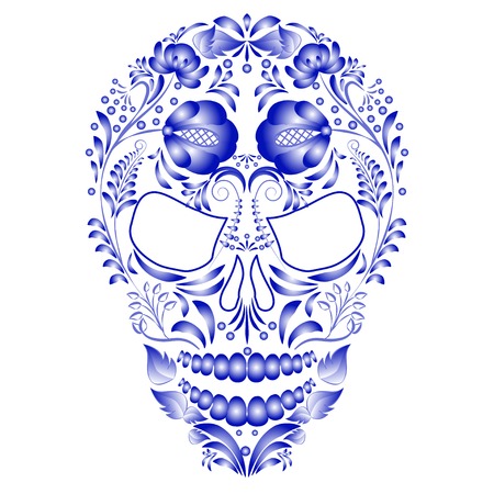 Skull decorated with blue pattern in Gzhel style on a white backgroundのイラスト素材