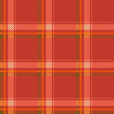 Seamless tartan pattern fabric. Cells green yellow and white on a red background. Vector illustration.のイラスト素材