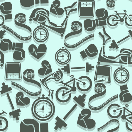 Seamless pattern fitness. Gray icons on a blue background. Vector illustration.のイラスト素材