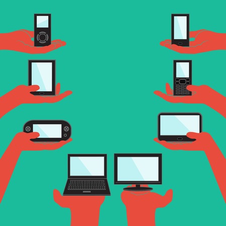 Flat design illustration concept for electronic devices. Gadgets are shown on the palms of the hands. Vector illustration.のイラスト素材