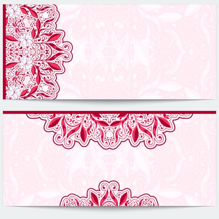 Greeting card with a pink floral pattern. Gentle east ornament a light background. Template for a celebratory banner or invitation with place for text. Vector illustration.のイラスト素材