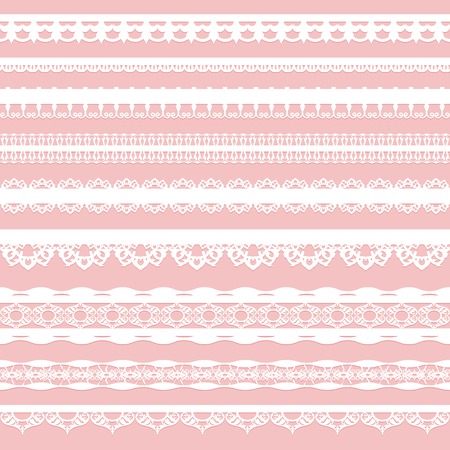 Set of white lace braid isolated on a pink background. Vector illustration.のイラスト素材