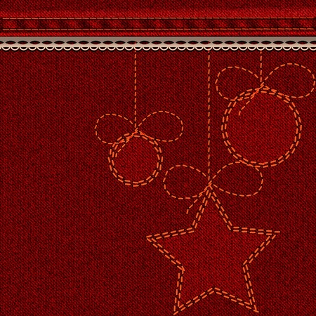 Red Christmas denim background with embroidered Christmas toy balls and stars. Vector illustration.のイラスト素材