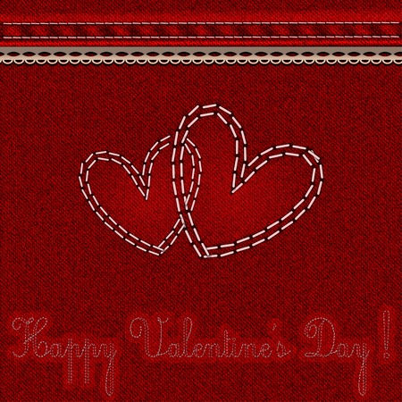Red denim background with embroidered hearts and the words \\\"Happy Valentineのイラスト素材
