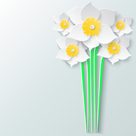 Abstract greeting card with bouquet 3d white daffodils. Spring floral paper background. Vector illustration.のイラスト素材