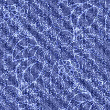 Denim seamless background with printed white flowers. Jeans blue pattern. Vector illustration.のイラスト素材