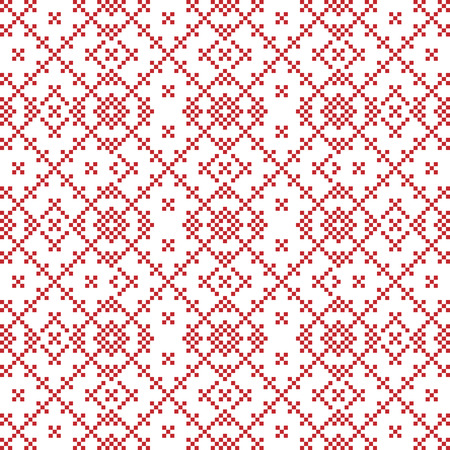 Seamless background with imitation of Slavic embroidery. Red pattern on a white. Vector illustration.のイラスト素材
