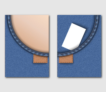 Advertising flyer design template with denim background and blank business or credit card. Can be used to design leaflets, brochure cover or banner. Vector illustration.のイラスト素材