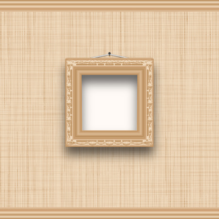 Empty square picture frame on a beige wall with fabric texture. Vector illustrationのイラスト素材