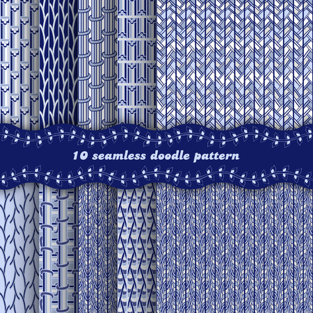 Set of abstract seamless blue pattern in doodle style. Vector illustrationのイラスト素材