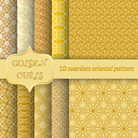 Set of 10 seamless patterns with golden curls. Unusual ornament in east style for design of packing paper, fabric, wallpaper, web page backgrounds. Vector illustration.のイラスト素材