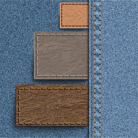 Three leather label sewn into denim. Jeans background can be used for infographics and other.  Vector illustration.のイラスト素材