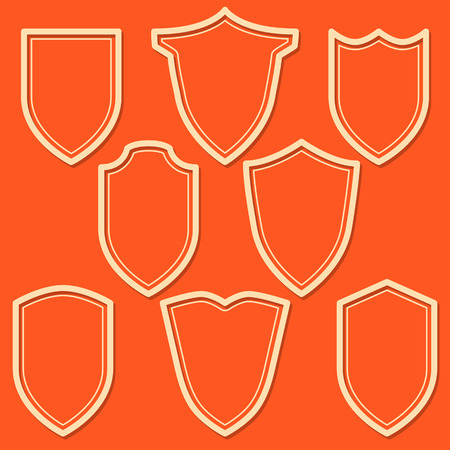 Set of white shield icons. Outline security signs on orange background. Vector illustrationのイラスト素材