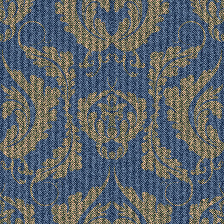 Denim seamless pattern with a gold Damascus print. Blue background with a large floral ornament. Vector illustration.のイラスト素材