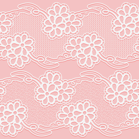 Two Lace Ribbons. Seamless white floral tape on a pink background. Vector illustration.のイラスト素材
