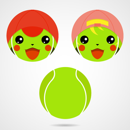 Character tennis ball. Cute laughing little boy and girl in the Japanese anime style. Vector illustrationのイラスト素材
