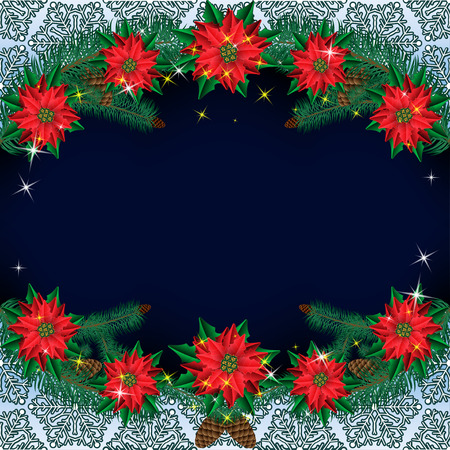 Christmas poinsettia flowers background with pine branches on a background of starry sky and snowflakes. Vector illustrationのイラスト素材