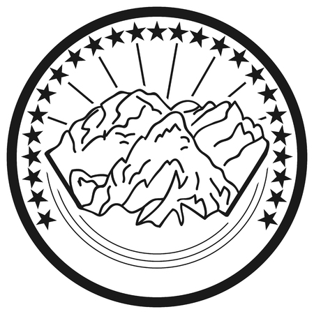 Monochrome element for the logo with the mountain and the rays of the sun. Styling.  Vector illustration.のイラスト素材