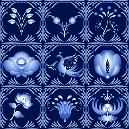 Set of elements in gzhel style as a dark blue ceramic tile. It can be used as a seamless pattern. Vector illustration.のイラスト素材