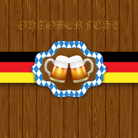 Oktouberfest background. Two mugs of beer on a wooden background. Vector illustrationのイラスト素材