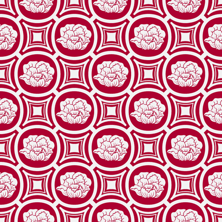 Repeating floral pattern in eastern style of painting. Light seamless ornament with flowers on a red background. のイラスト素材